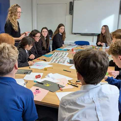 Collaborative mural with a group of year 9s, helping them re-design the Young Adult area of Loughborough Library. We ran a series of workshops and reshaped the student artwork into scene which we coached them to help install. Amanda Rigby