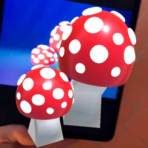 Workshop facilitation in augmented reality. A 3D toadstool popping out of an image